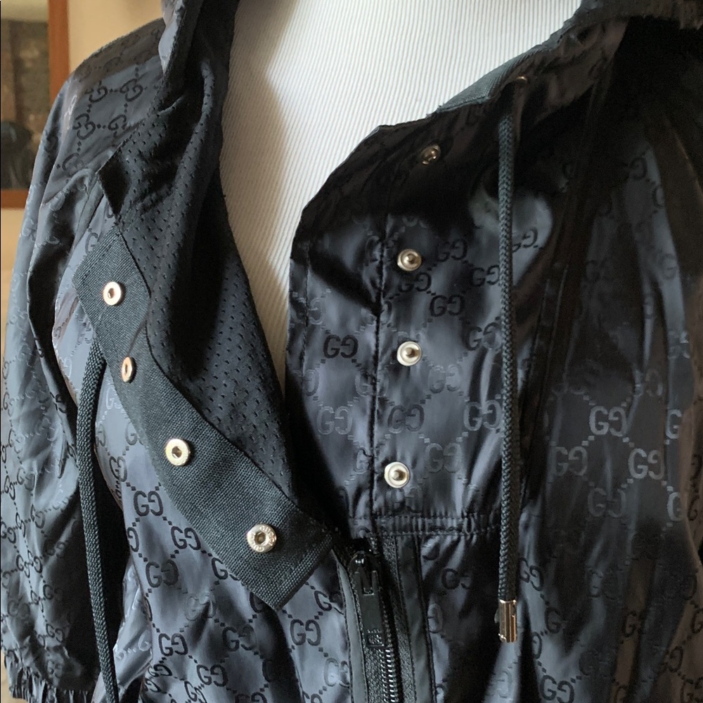 Vintage Gucci Black Bomber Jacket with Hoodie and 2009 Logo Pattern